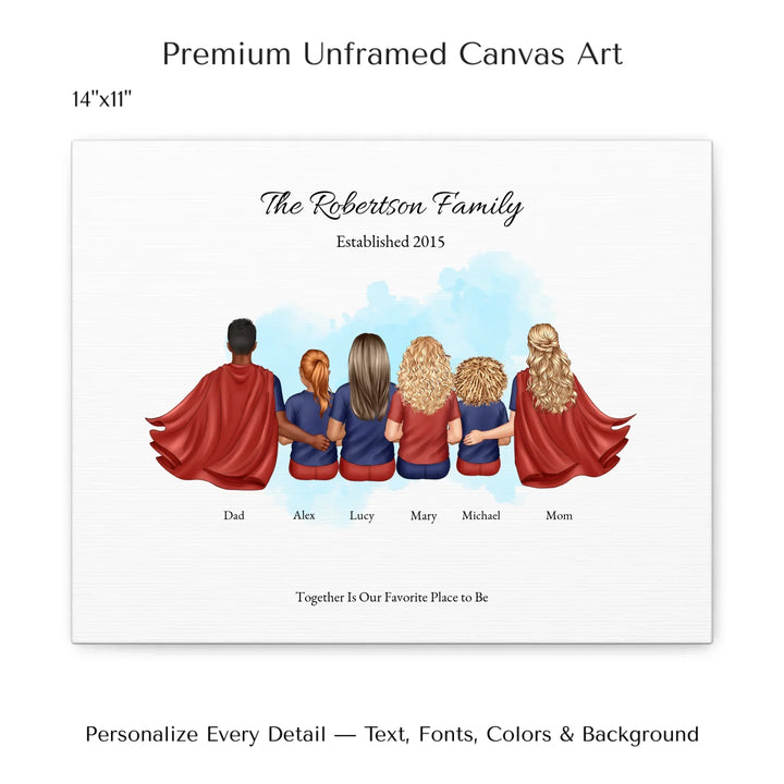 Illustrated superhero family portrait with 1 to 4 children, personalized outfits, skin tones, and watercolor background – custom wall art gift -14x11 stretched canvas-ARTFULANE