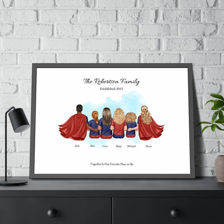 Illustrated superhero family portrait with 1 to 4 children, personalized outfits, skin tones, and watercolor background – custom wall art gift -framed poster on table-ARTFULANE