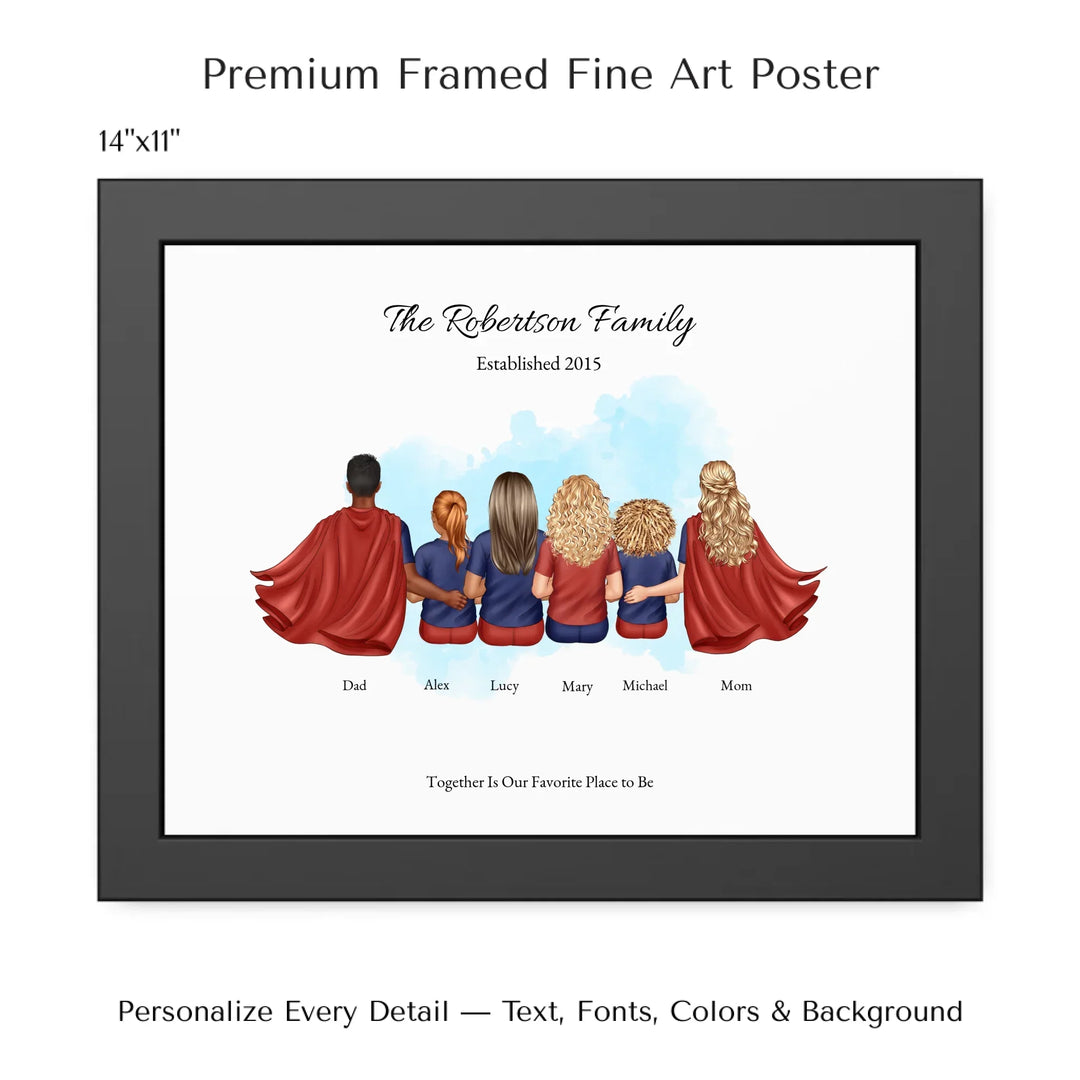 Illustrated superhero family portrait with 1 to 4 children, personalized outfits, skin tones, and watercolor background – custom wall art gift -14x11 framed poster-ARTFULANE