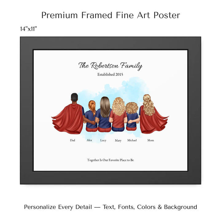 Illustrated superhero family portrait with 1 to 4 children, personalized outfits, skin tones, and watercolor background – custom wall art gift -14x11 framed poster-ARTFULANE