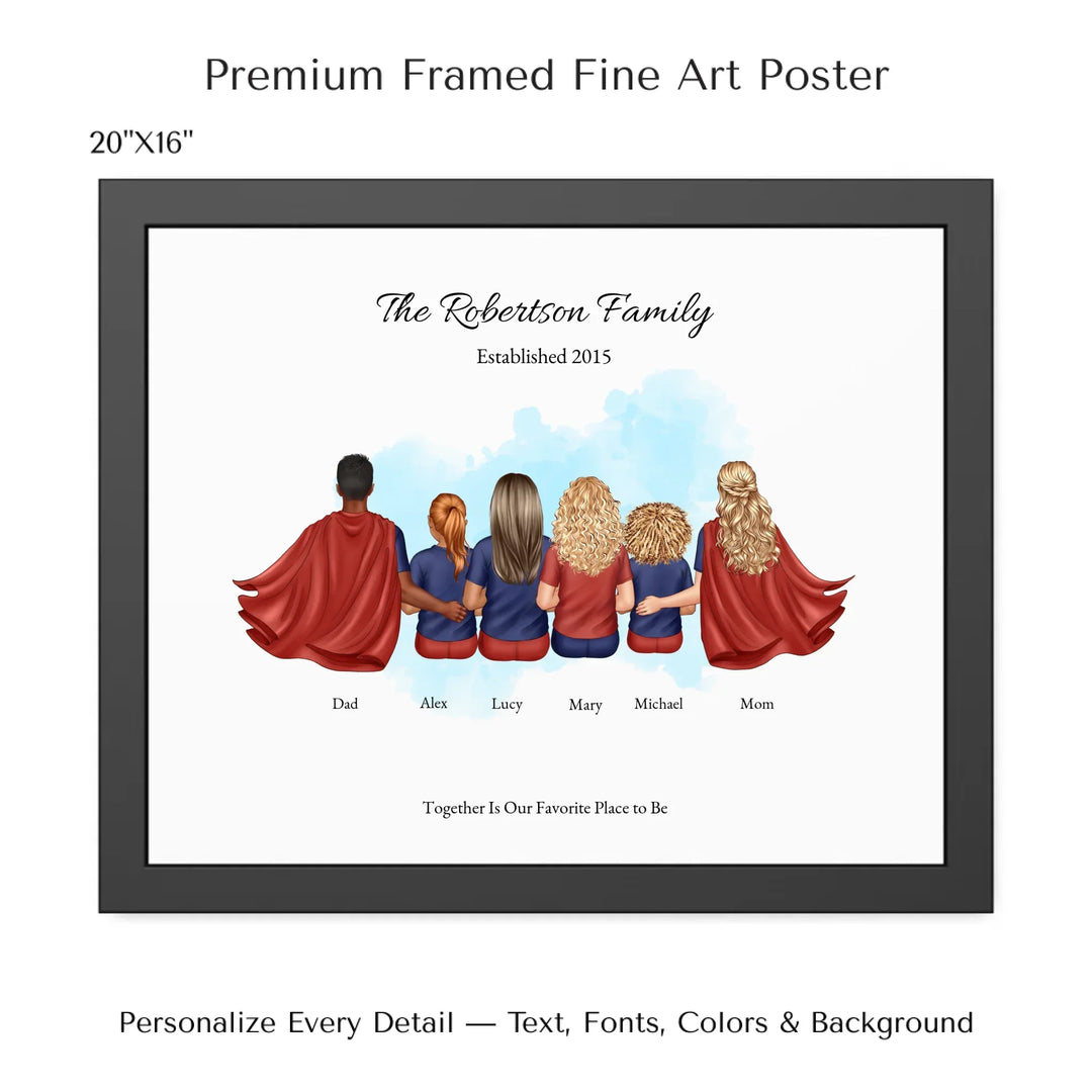 Illustrated superhero family portrait with 1 to 4 children, personalized outfits, skin tones, and watercolor background – custom wall art gift -20x16 framed poster-ARTFULANE