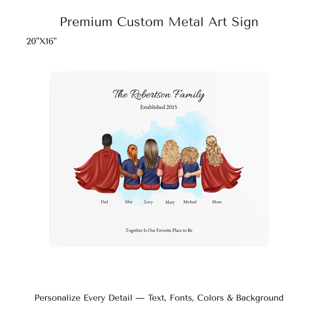 Illustrated superhero family portrait with 1 to 4 children, personalized outfits, skin tones, and watercolor background – custom wall art gift -20x16 metal art sign-ARTFULANE