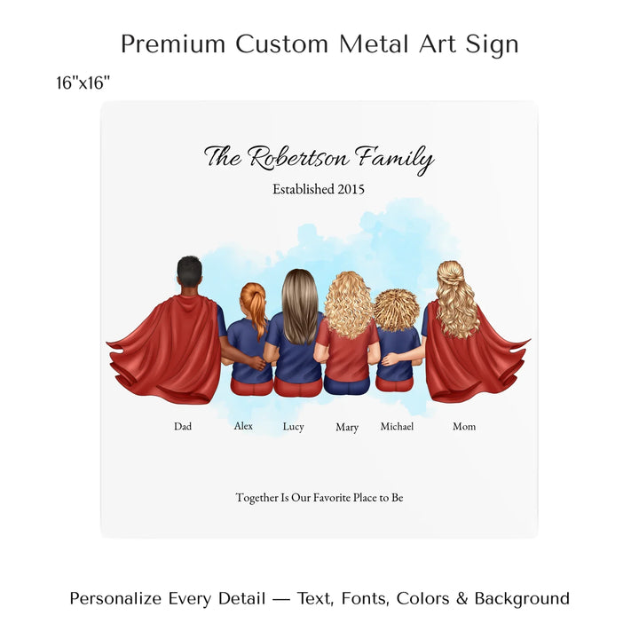 Illustrated superhero family portrait with 1 to 4 children, personalized outfits, skin tones, and watercolor background – custom wall art gift -16x16 metal art sign-ARTFULANE