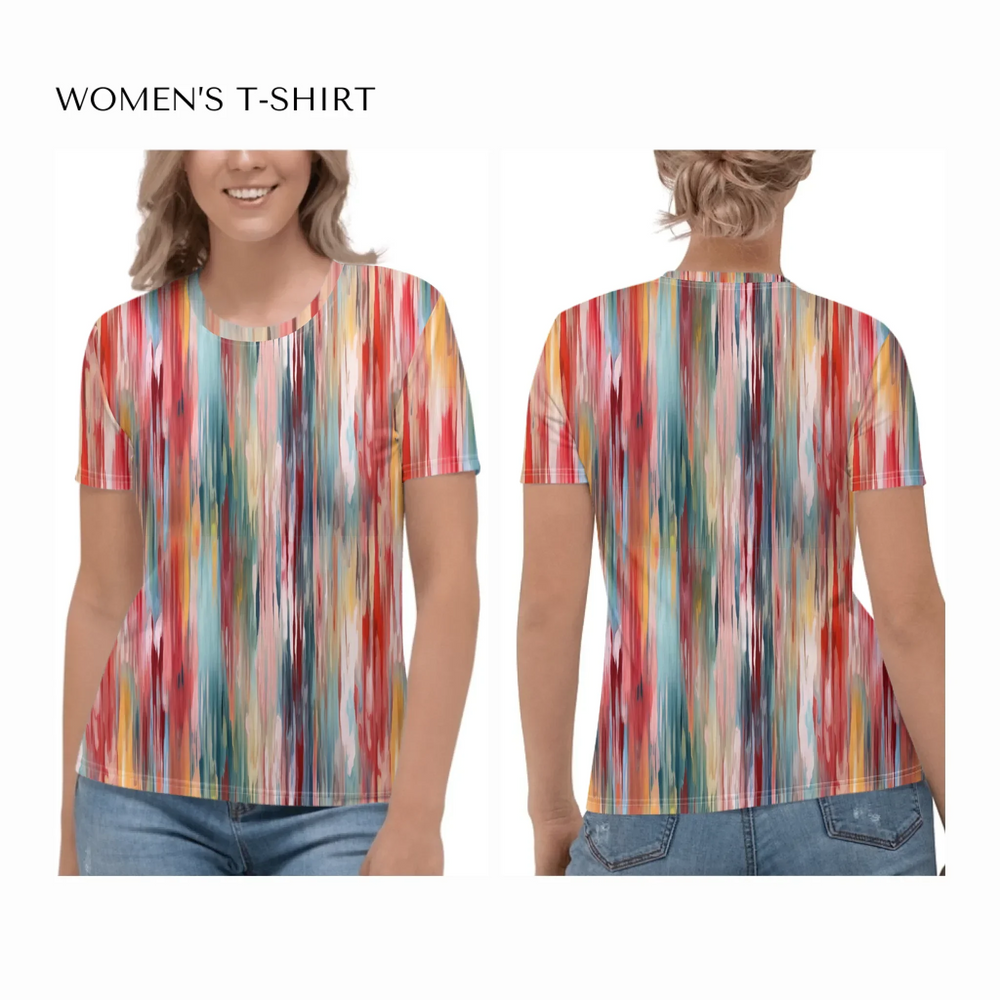 Custom-Modern-Abstract-T-Shirt-Textured-Abstract-all-over-print-womens-crew-neck-t-shirt-on model-front-and-back-artfulane