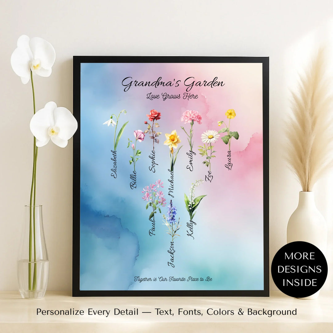 Personalized birth month flower art print with custom names, watercolor floral design, and optional title or quote – perfect gift for mom, grandma, or family - framed canvas on table-ARTFULANE