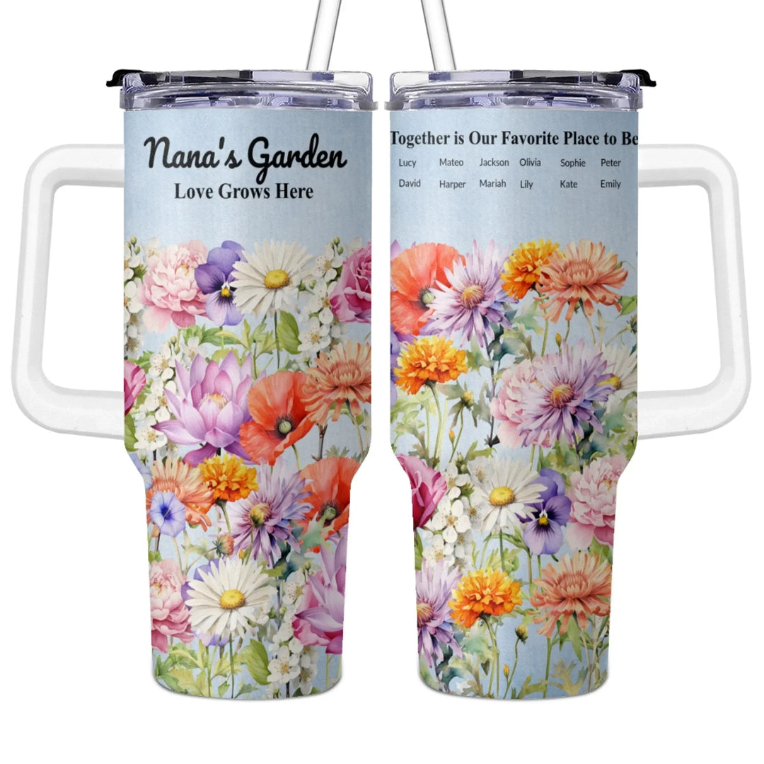 Custom 40oz tumbler with handle in personalized birth month flower garden design, insulated stainless steel cup with lid and straw-both sides-ARTFULANE