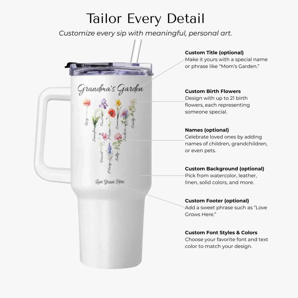 Custom family birth month flower tumbler with title and footer text–Customization Options-ARTFULANE