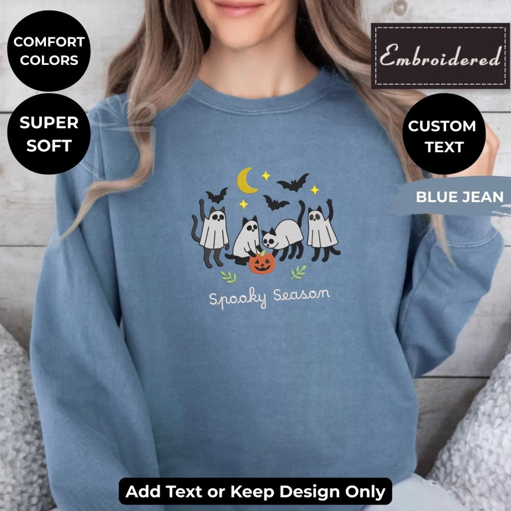 Cat Ghost Sweatshirt in Blue Jean – Comfort Colors embroidered crewneck with ghost cat design, customizable text option-ARTFULANE