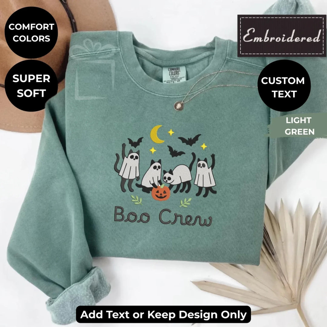Cat Ghost Sweatshirt in Light Green – Comfort Colors embroidered crewneck with ghost cat design, customizable text option-ARTFULANE
