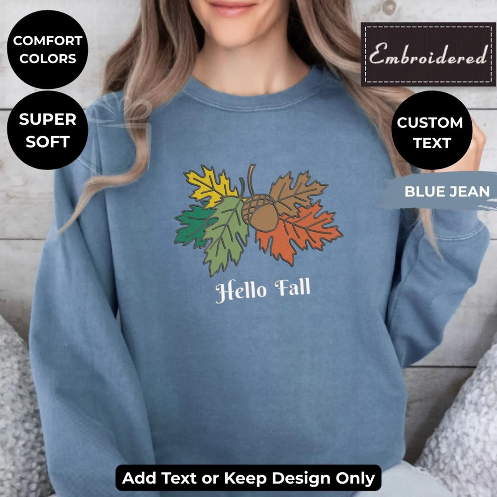 Autumn Leaves Sweatshirt in blue jean – Comfort Colors embroidered crewneck with acorn and fall leaves design, customizable text option-ARTFULANE