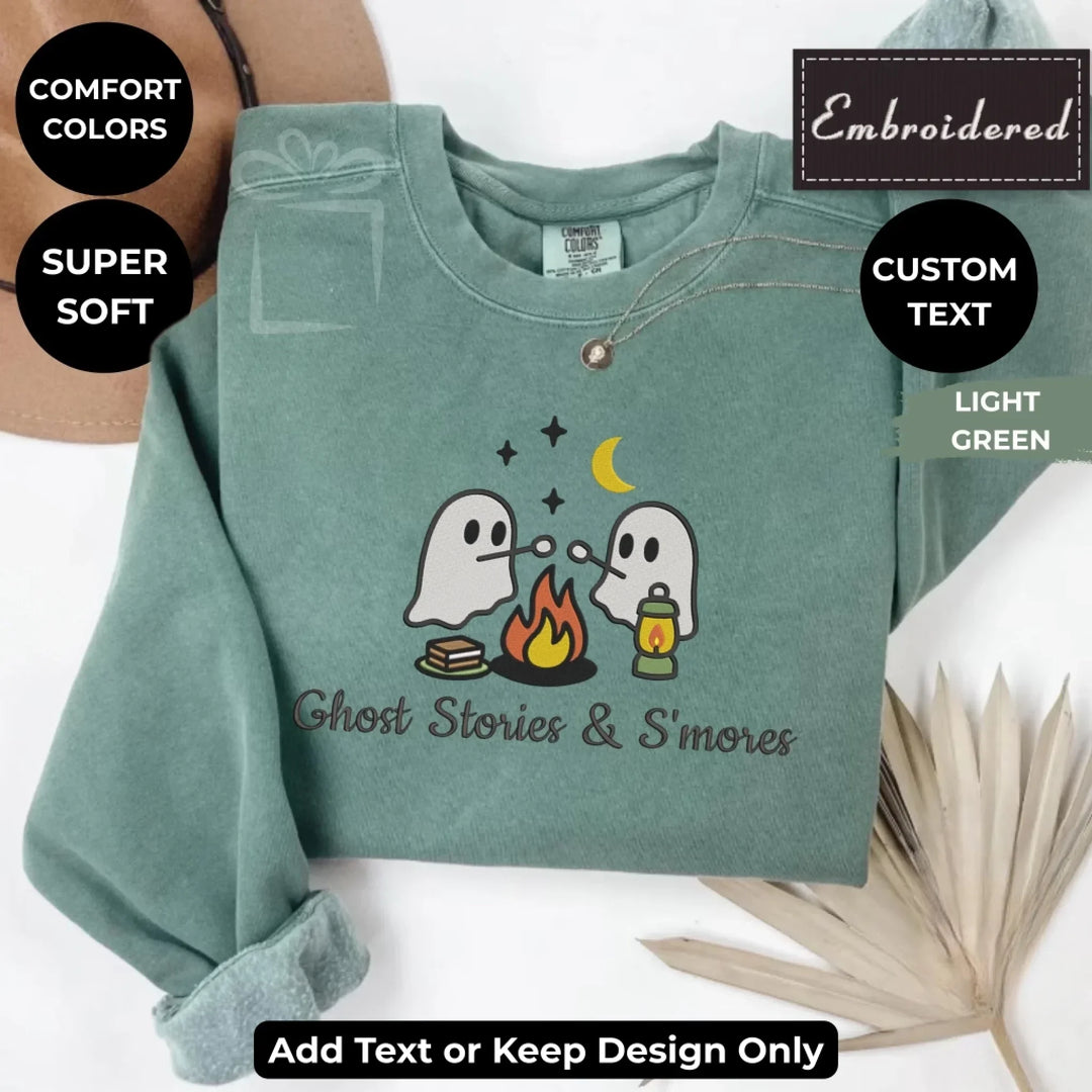 Camping Ghost Sweatshirt in LIGHT GREEN – Comfort Colors embroidered crewneck with marshmallow-roasting ghost design, customizable text option-ARTFULANE