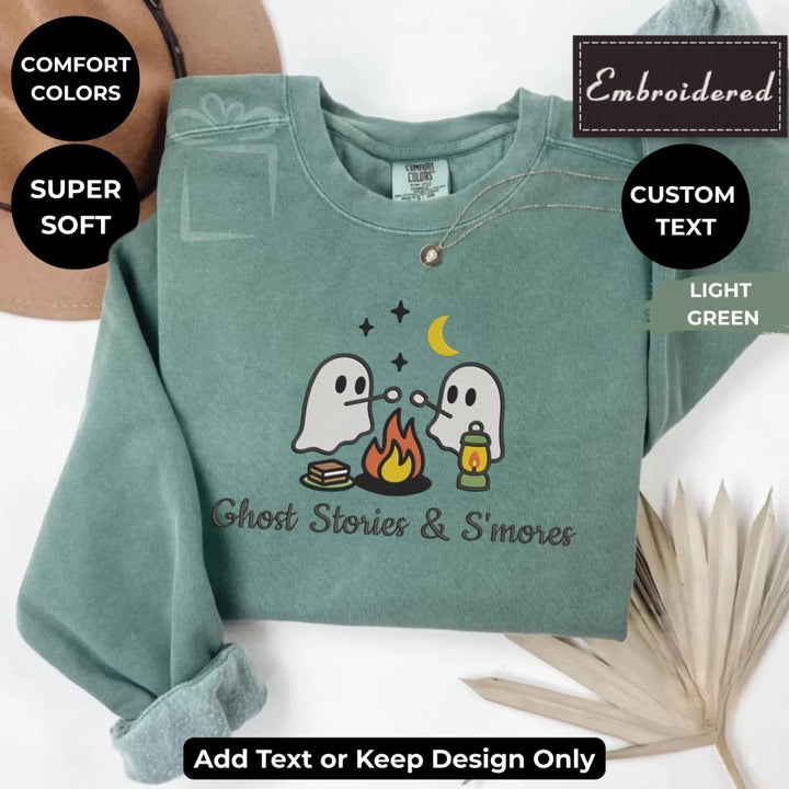 Camping Ghost Sweatshirt in LIGHT GREEN – Comfort Colors embroidered crewneck with marshmallow-roasting ghost design, customizable text option-ARTFULANE