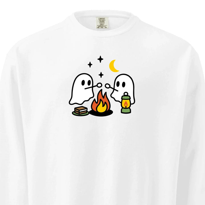 Camping Ghost Sweatshirt in CUSTOM COLORS – Comfort Colors embroidered crewneck with marshmallow-roasting ghost design, customizable text option-ARTFULANE