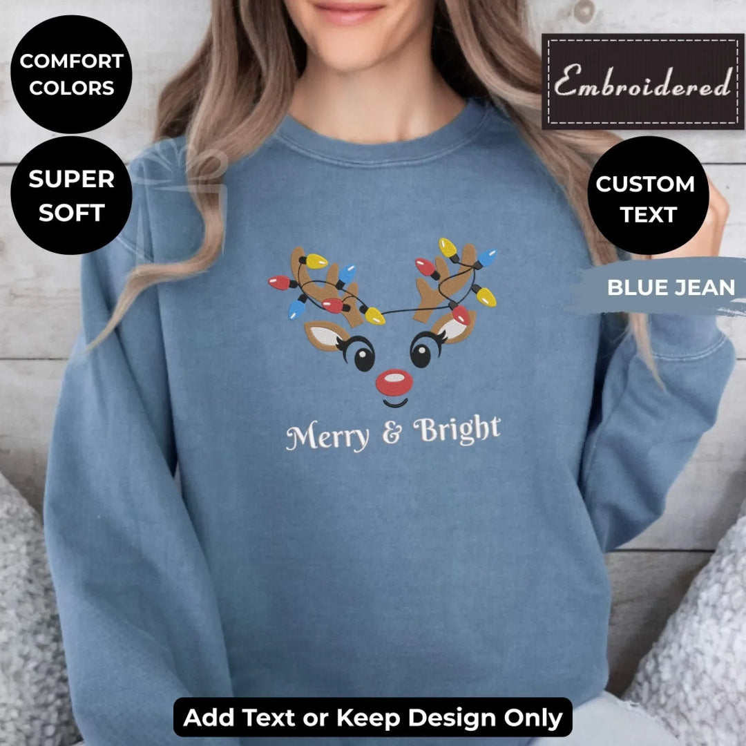 Custom embroidered Christmas Reindeer Sweatshirt in BLUE JEAN Comfort Colors, unisex style with personalized text option-ARTFULANE
