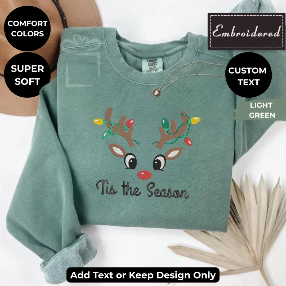 Custom embroidered Christmas Reindeer Sweatshirt in LIGHT GREEN Comfort Colors, unisex style with personalized text option-ARTFULANE
