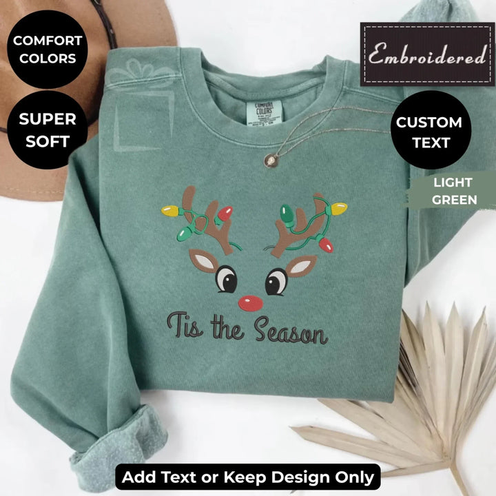 Custom embroidered Christmas Reindeer Sweatshirt in LIGHT GREEN Comfort Colors, unisex style with personalized text option-ARTFULANE