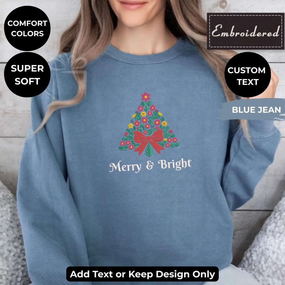 Custom embroidered Christmas Floral Sweatshirt in Comfort Colors with floral tree and bow design, personalized holiday style-ARTFULANE