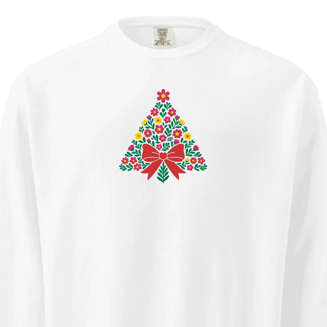 Custom embroidered Christmas Floral Sweatshirt in Comfort Colors with floral tree and bow design, personalized holiday style-ARTFULANE