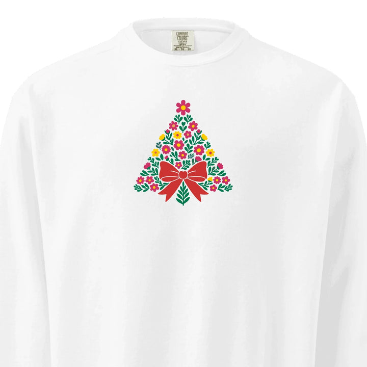 Custom embroidered Christmas Floral Sweatshirt in Comfort Colors with floral tree and bow design, personalized holiday style-ARTFULANE