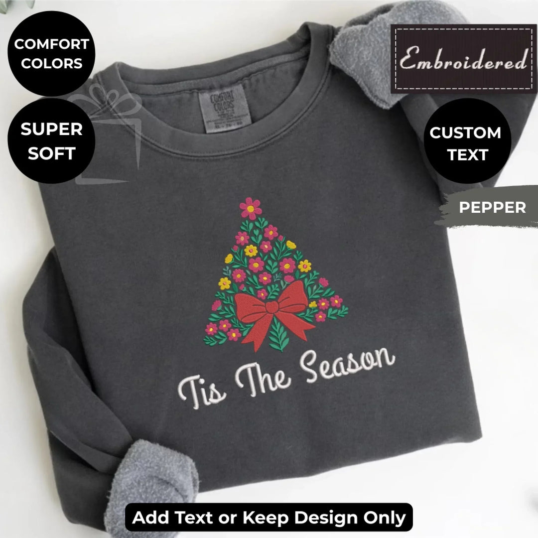 Custom embroidered Christmas Floral Sweatshirt in Comfort Colors with floral tree and bow design, personalized holiday style-ARTFULANE