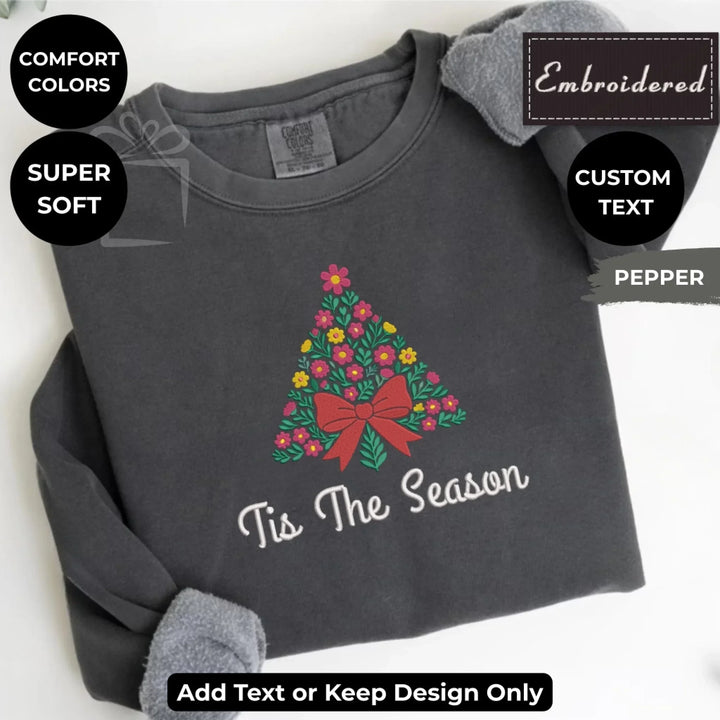 Custom embroidered Christmas Floral Sweatshirt in Comfort Colors with floral tree and bow design, personalized holiday style-ARTFULANE