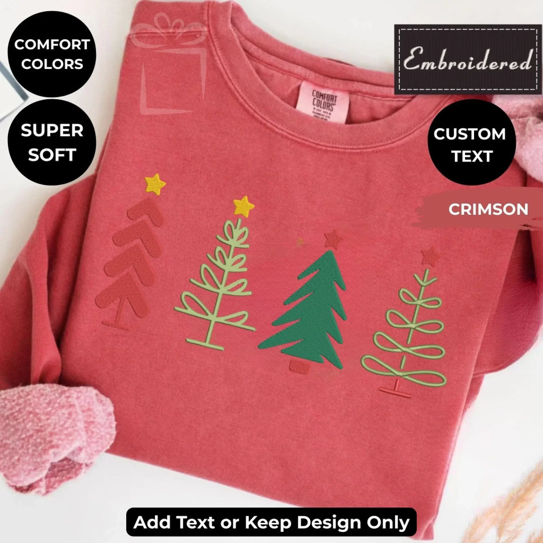 Custom embroidered Christmas Trees Sweatshirt in Comfort Colors, featuring holiday tree design with optional personalized text-ARTFULANE