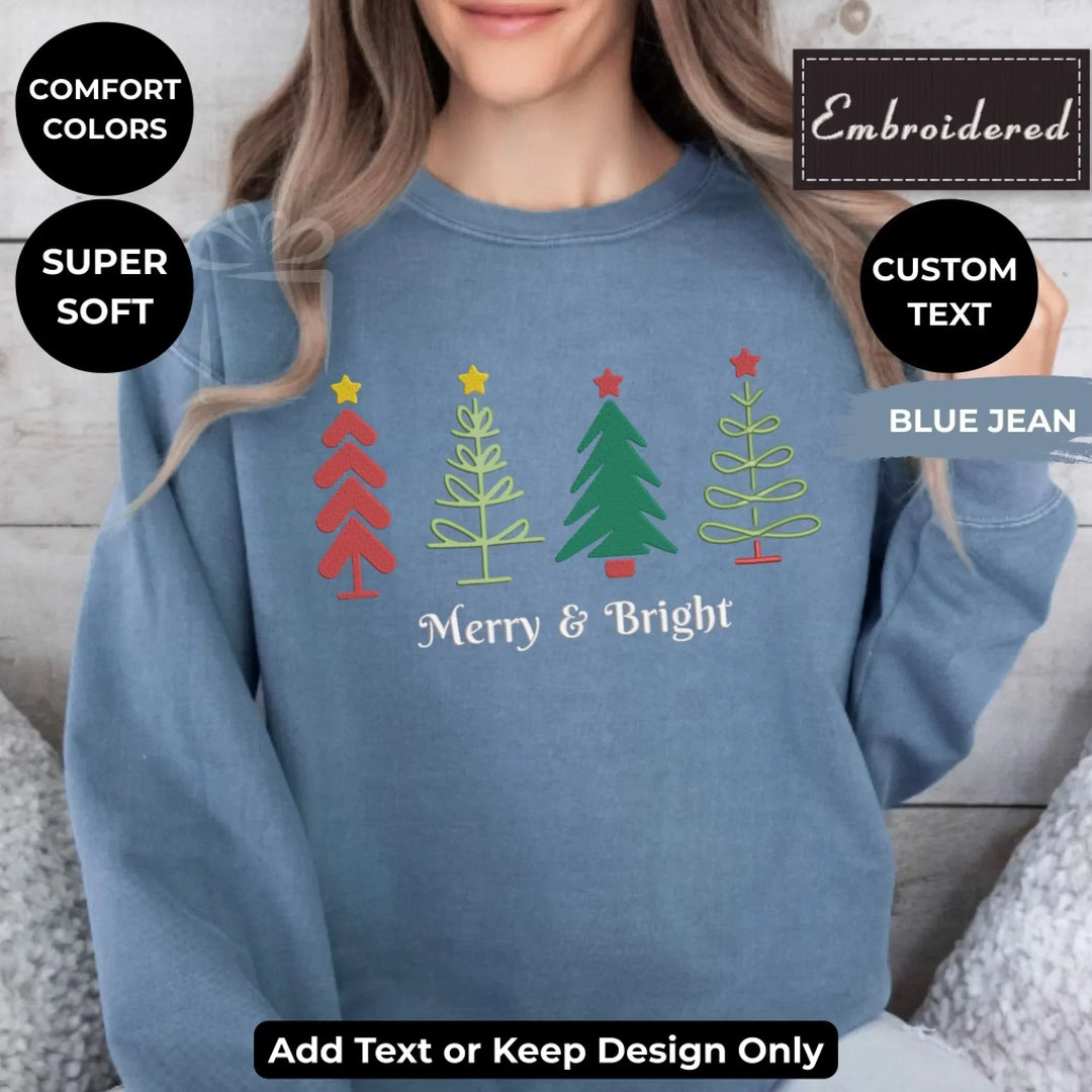 Custom embroidered Christmas Trees Sweatshirt in Comfort Colors, featuring holiday tree design with optional personalized text-ARTFULANE
