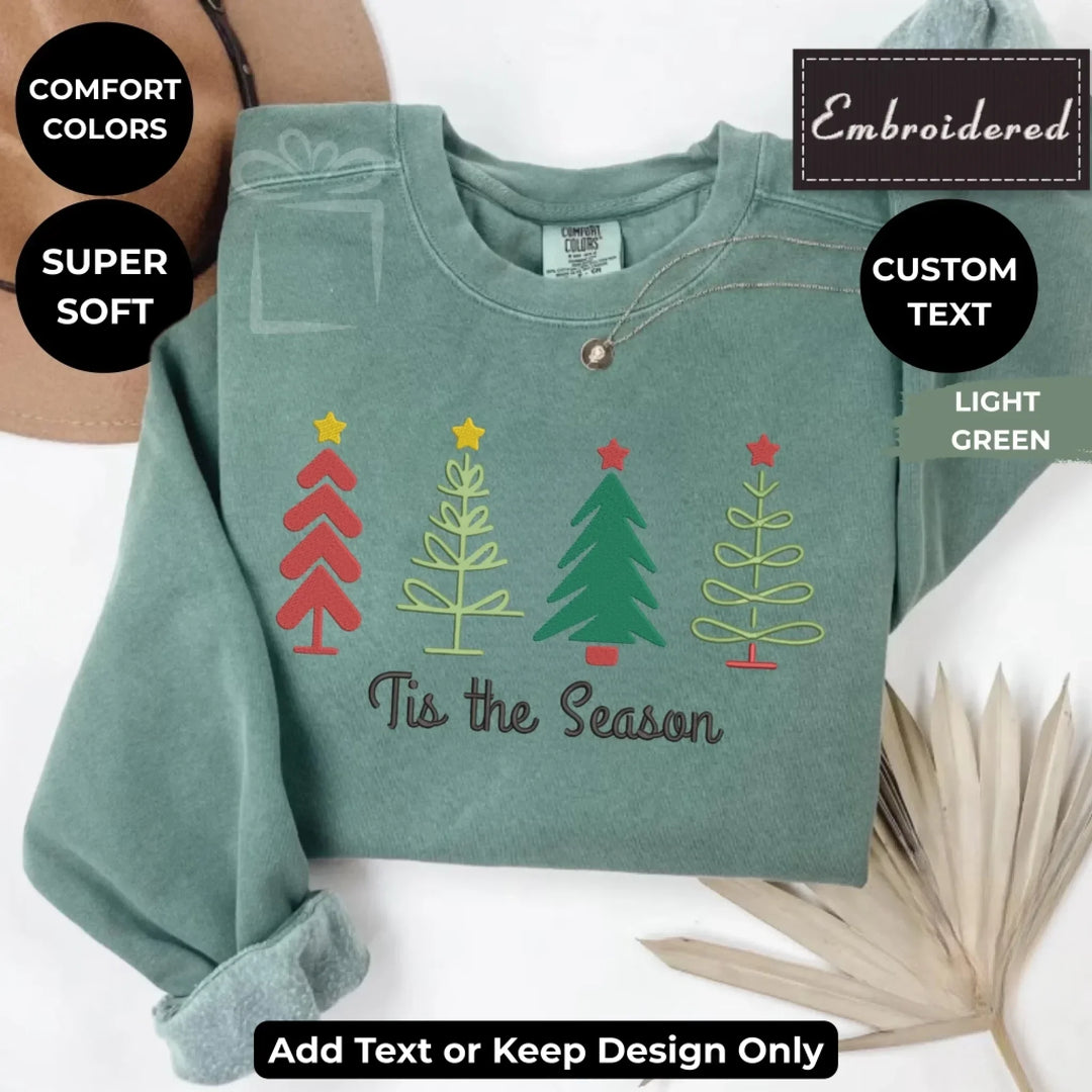 Custom embroidered Christmas Trees Sweatshirt in Comfort Colors, featuring holiday tree design with optional personalized text-ARTFULANE