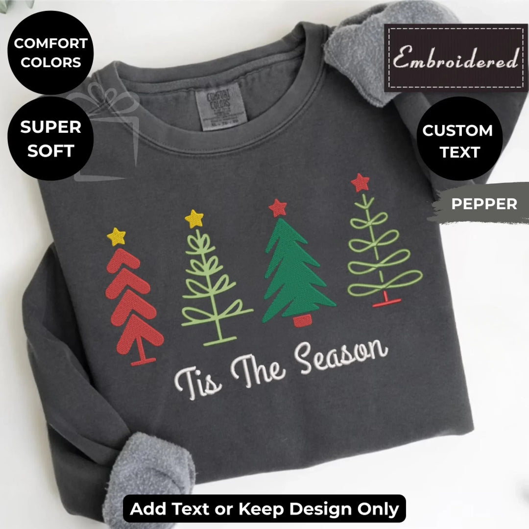 Custom embroidered Christmas Trees Sweatshirt in Comfort Colors, featuring holiday tree design with optional personalized text-ARTFULANE