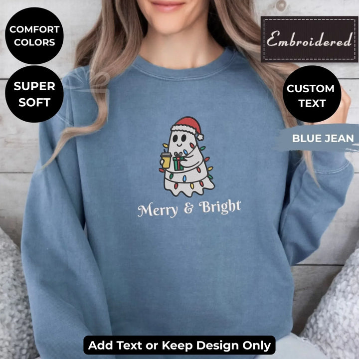 Christmas Ghosts sweatshirt embroidered on Comfort Colors, customizable with text or thread colors-ARTFULANE
