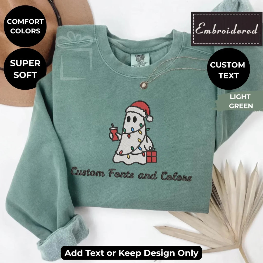 Christmas Ghosts sweatshirt embroidered on Comfort Colors, customizable with text or thread colors-ARTFULANE