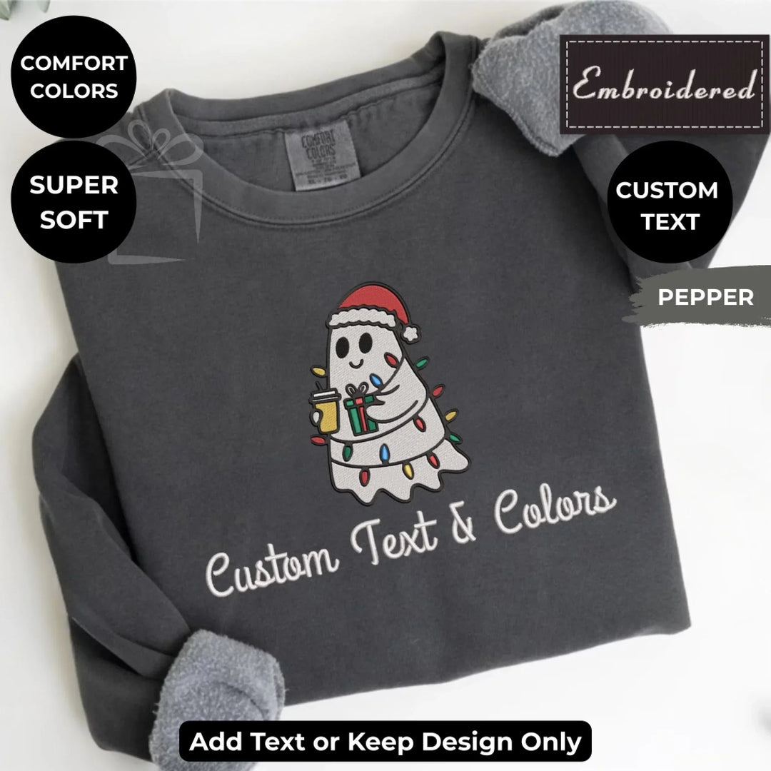 Christmas Ghosts sweatshirt embroidered on Comfort Colors, customizable with text or thread colors-ARTFULANE