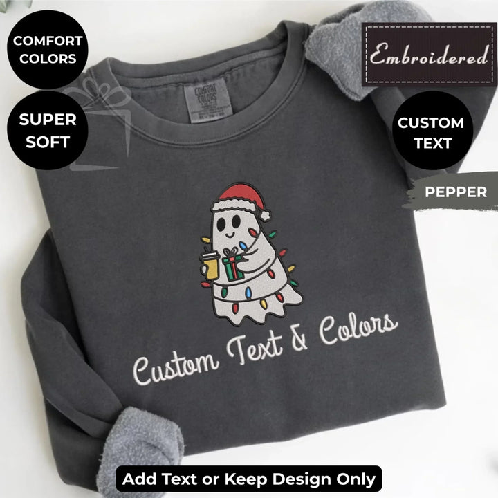 Christmas Ghosts sweatshirt embroidered on Comfort Colors, customizable with text or thread colors-ARTFULANE
