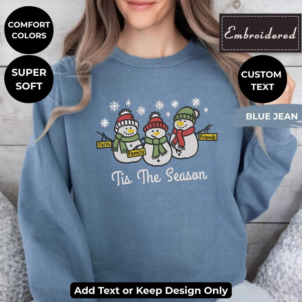 Comfort Colors sweatshirt featuring trio snowmen Faith Family Friends embroidered design – customizable holiday crewneck-ARTFULANE