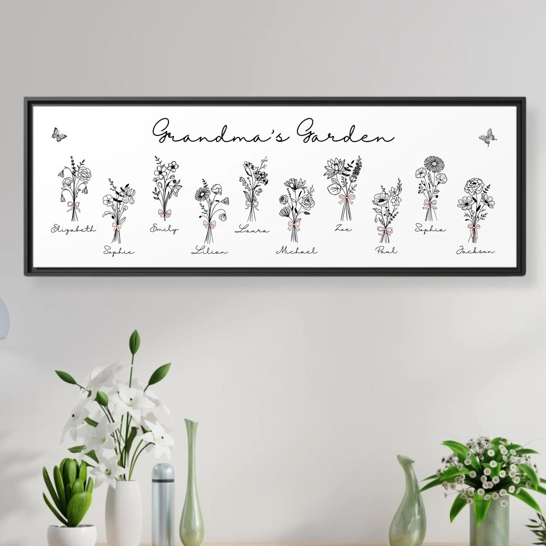 Personalized Coquette Birth Month Flower Bouquets Wall Art in any color line art, featuring custom names, butterflies, and color options-ARTFULANE