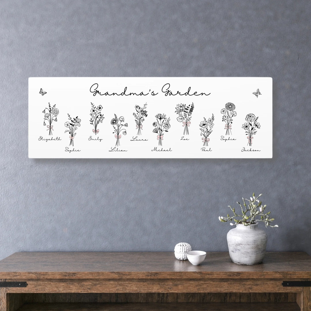 Personalized Coquette Birth Month Flower Bouquets Wall Art in any color line art, featuring custom names, butterflies, and color options-ARTFULANE