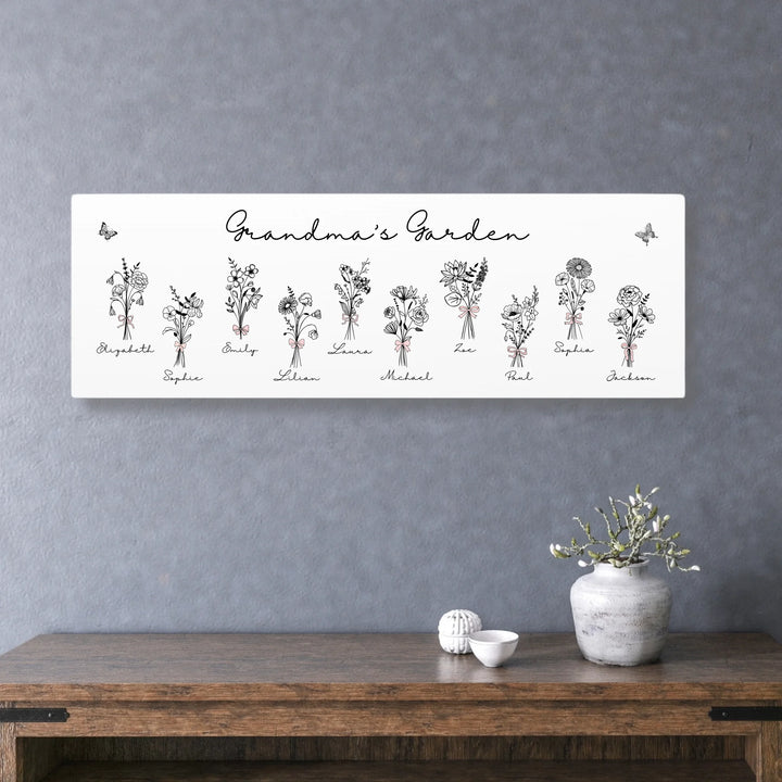 Personalized Coquette Birth Month Flower Bouquets Wall Art in any color line art, featuring custom names, butterflies, and color options-ARTFULANE