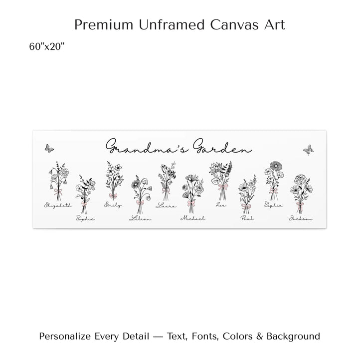 Personalized Coquette Birth Month Flower Bouquets Wall Art in any color line art, featuring custom names, butterflies, and color options-ARTFULANE