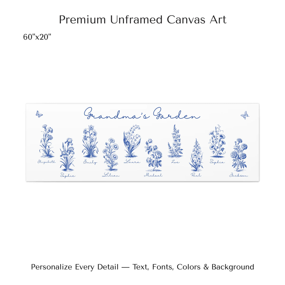 60x20 stretched canvas-Personalized Toile Birth Month Flower Wall Art on unframed canvas, featuring custom names, butterflies, and flowers in any color option-ARTFULANEARTFULANE