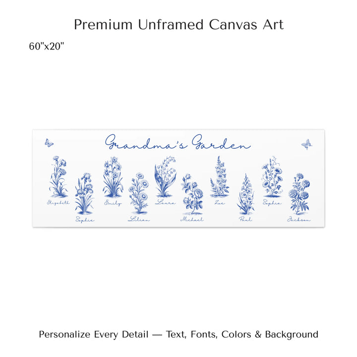 60x20 stretched canvas-Personalized Toile Birth Month Flower Wall Art on unframed canvas, featuring custom names, butterflies, and flowers in any color option-ARTFULANEARTFULANE