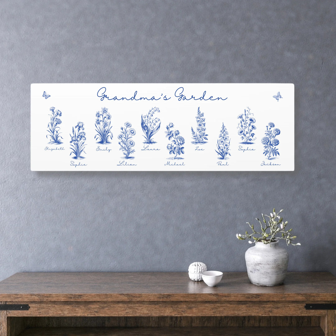 Personalized Toile Birth Month Flower Wall Art on unframed canvas, featuring custom names, butterflies, and flowers in any color option-ARTFULANE