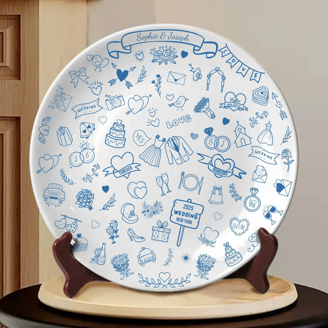 Personalized Wedding Keepsake Plate. Custom Names, Initials, Date & Location. Elegant Line Art Design. Unique Wedding or Anniversary Gift-ARTFULANE