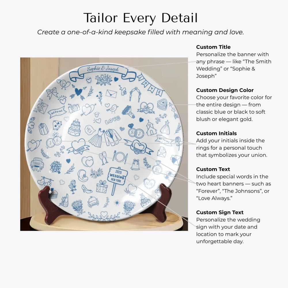 Personalized Wedding Keepsake Plate. Custom Names, Initials, Date & Location. Elegant Line Art Design. Unique Wedding or Anniversary Gift-Customization Options-ARTFULANE