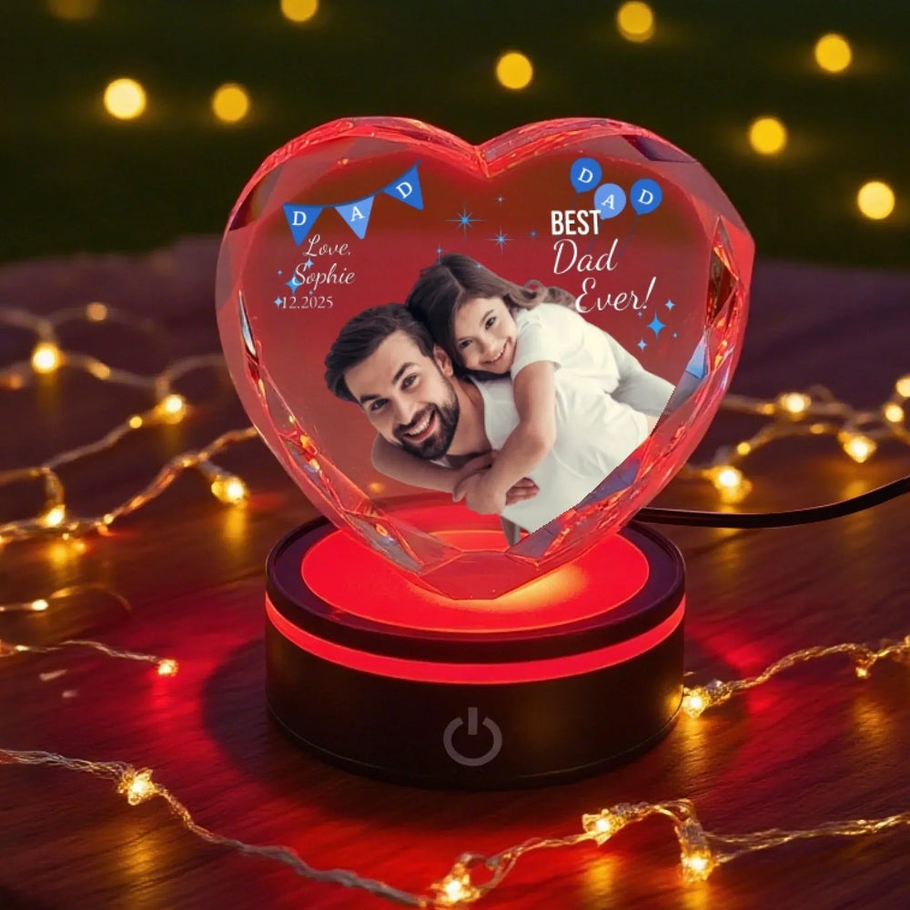 Heart Lace Crystal Gift with soft LED light featuring engraved father and child photo and “Best Dad Ever” custom text-ARTFULANE