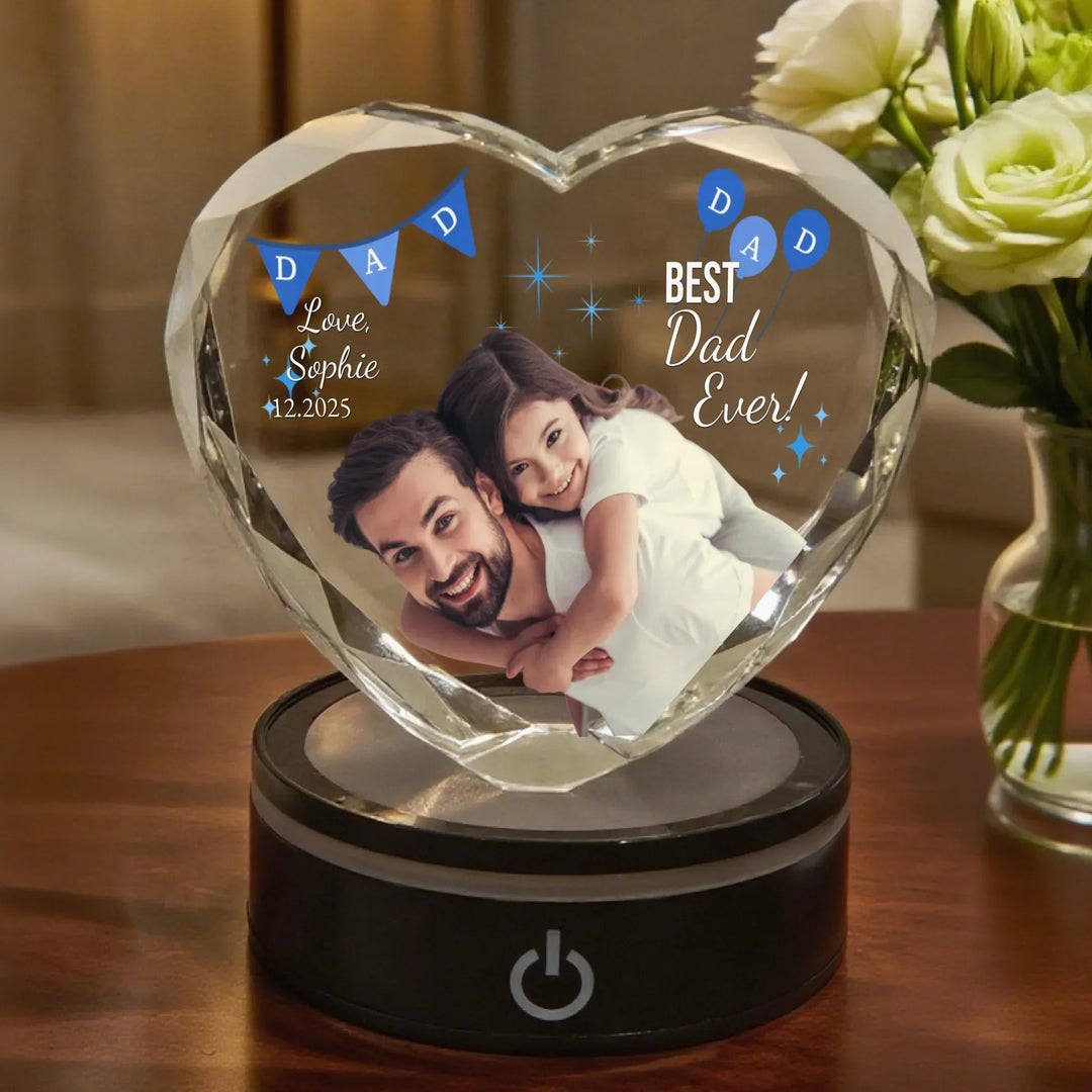 Heart Lace Crystal Gift with soft LED light featuring engraved father and child photo and “Best Dad Ever” custom text-ARTFULANE