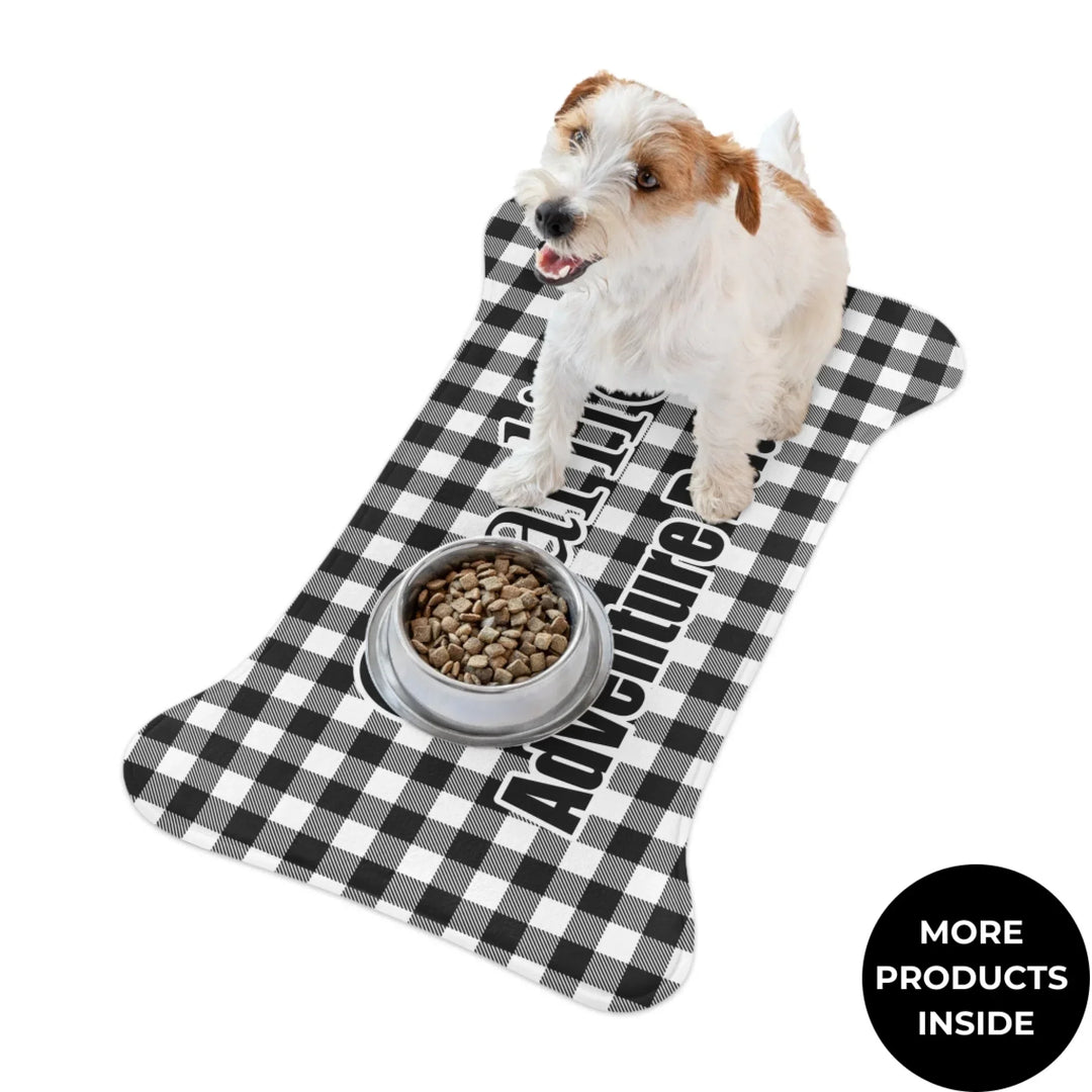 Dog using Personalized Gingham pet shaped feeding mat with custom text like a name. Available in different Gingham pattern colors for dogs or cats-ARTFULANE