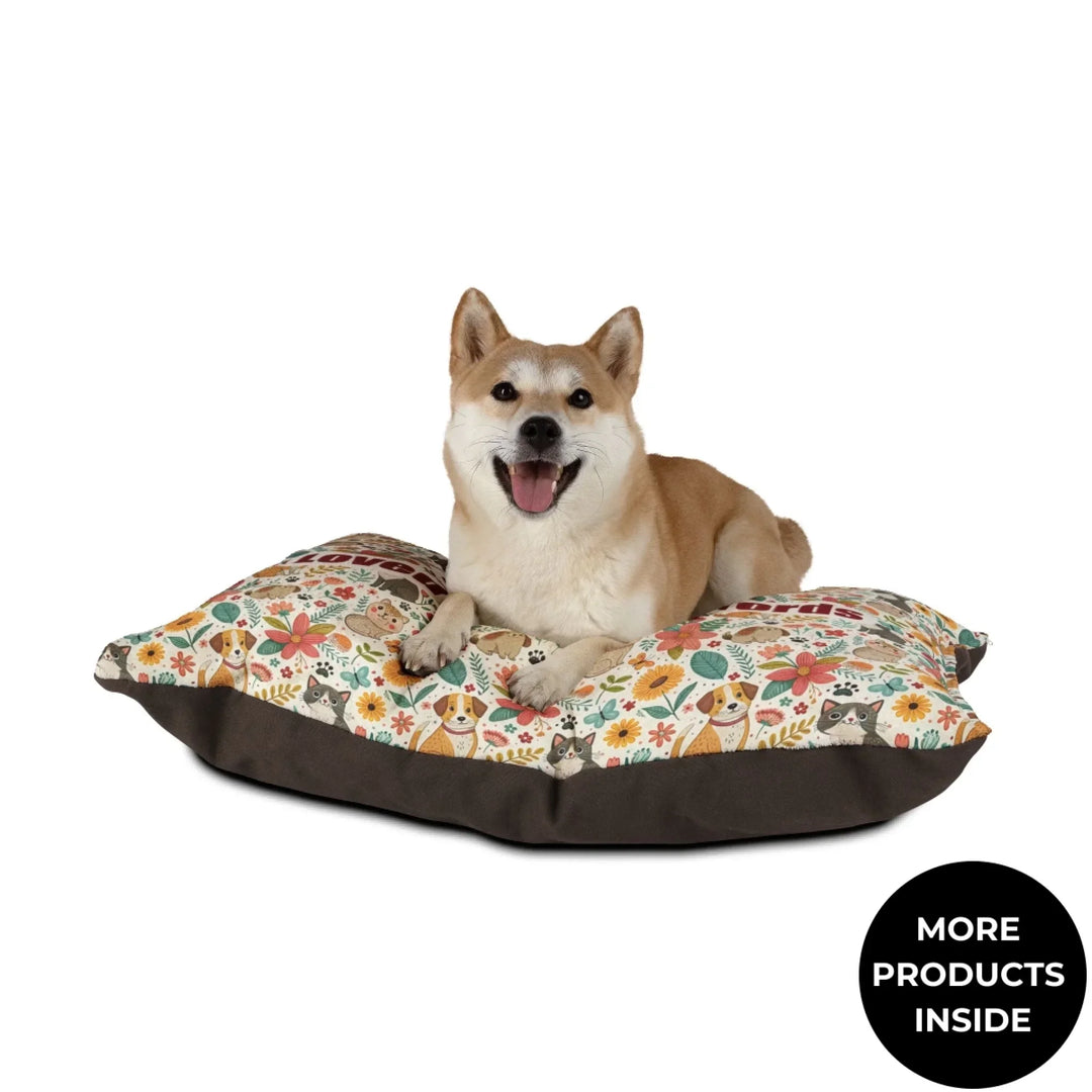 Dog sitting on Personalized pet bed with two lines of custom text and playful pattern; available in 10 colorful designs for dogs or cats-ARTFULANE
