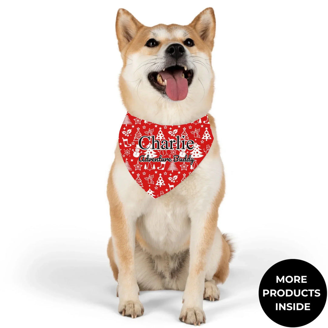Dog wearing Personalized Christmas pattern pet bandana collar with custom text like a name. Available in different Christmas print colors for dogs or cats-ARTFULANE