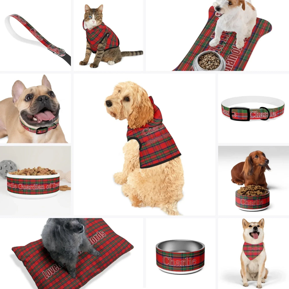 Custom Tartan Plaid Pet Accessories Collection – Matching Set (Hoodie, Bandana, Collar, Bowl & More) - ARTFULANE