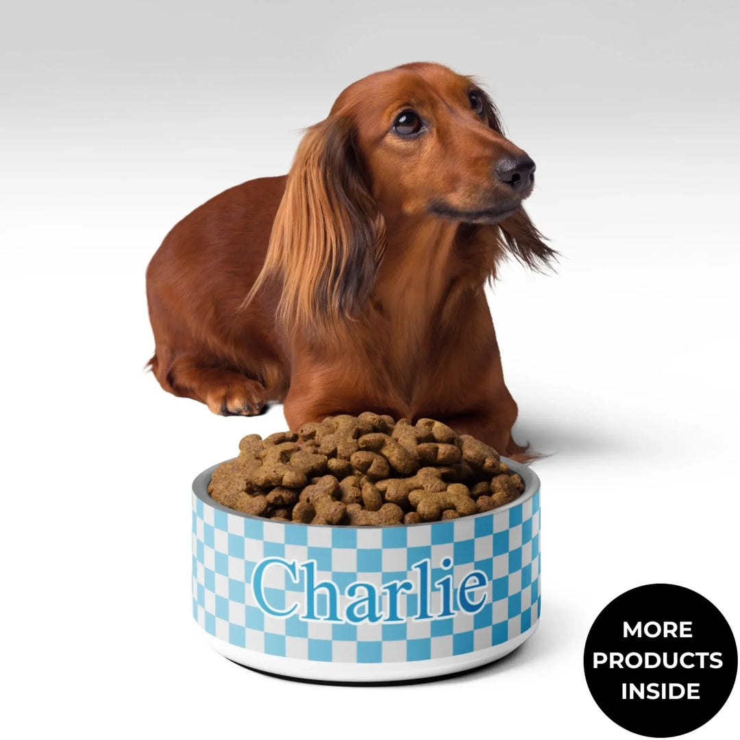 Dog using Personalized checkered pet stainless steel bowl with custom text like a name. Available in different checkered colors for dogs or cats-ARTFULANE